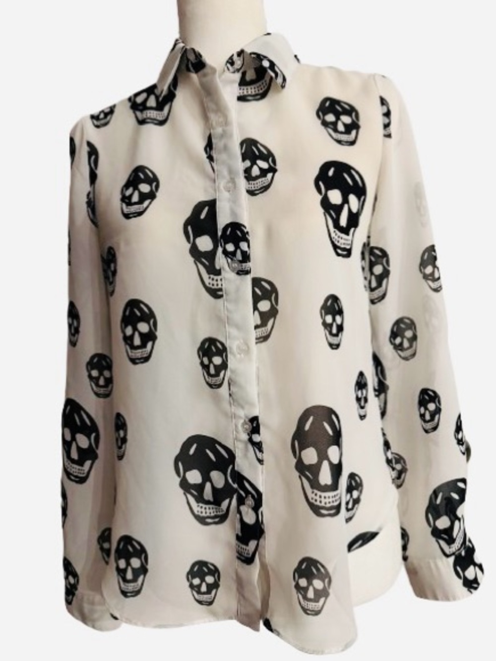 Skull Print Sheer Button-Up Long Sleeve Blouse S